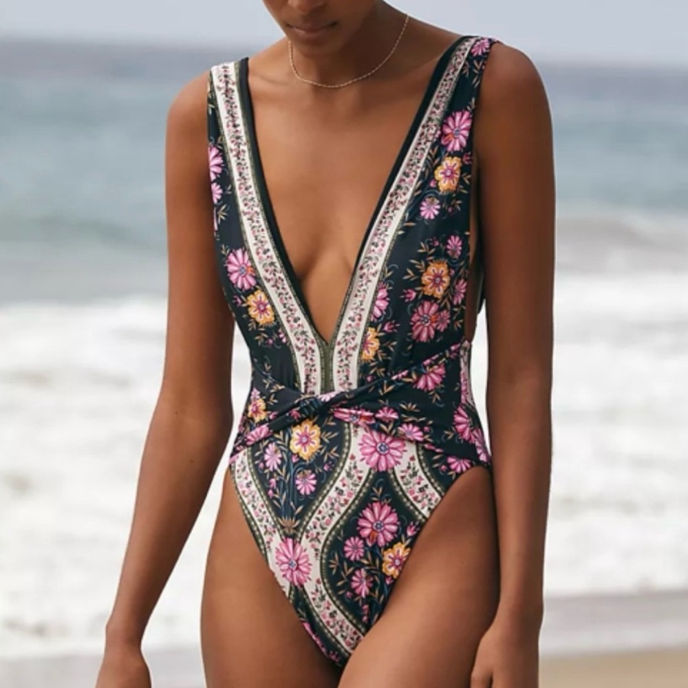 Agua Bendita Black Floral One-Piece Swimsuit with Pink & Yellow Flowers